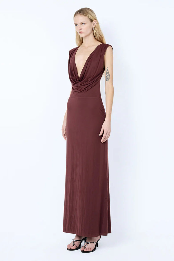 Brigitte Cowl Maxi Dress in Blackberry by Bec + Bridge – backless stretch jersey maxi with deep cowl neckline.