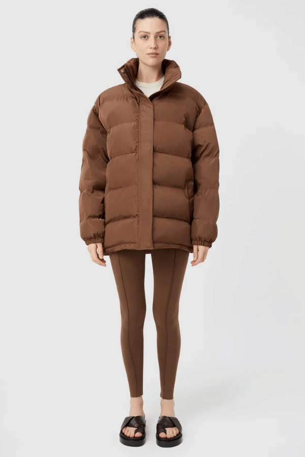 Alcove Puffer Jacket Chestnut by Camilla and Marc, oversized long-line puffer with recycled padding and high collar for warm, polished winter style.