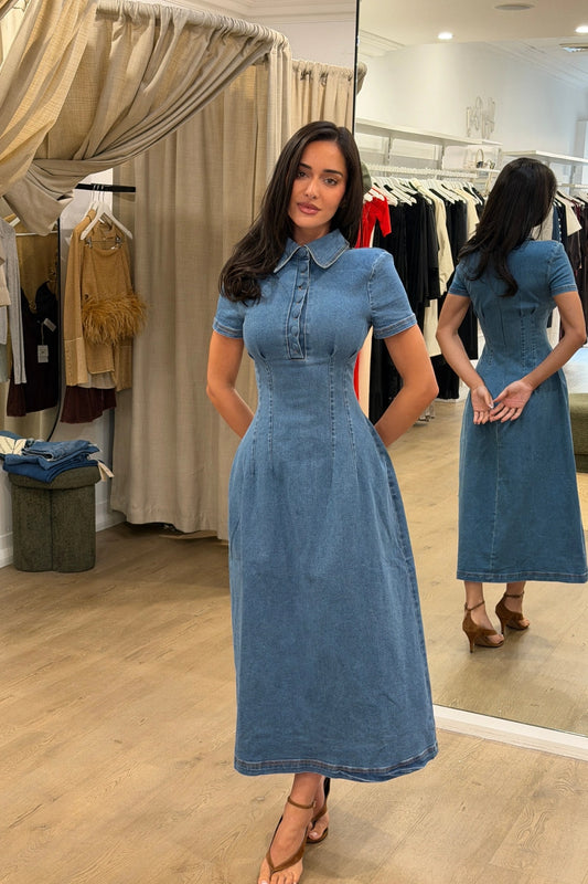 Cotton Mix Denim Collared Midi Dress Light Blue by Odd Muse, structured denim midi dress, perfect for chic day to evening styling