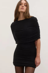 Bayse Daisy Dress in Shadow, a ruched mini dress with high neckline and sculpted fit for modern, versatile styling.