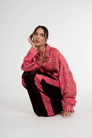 Boxer Pant Plum by Summi Summi, relaxed wide-leg pant with drawstring waistband and NEON PLAID side panels for a stylish, comfortable fit. Made from 100% acetate woven fabric.