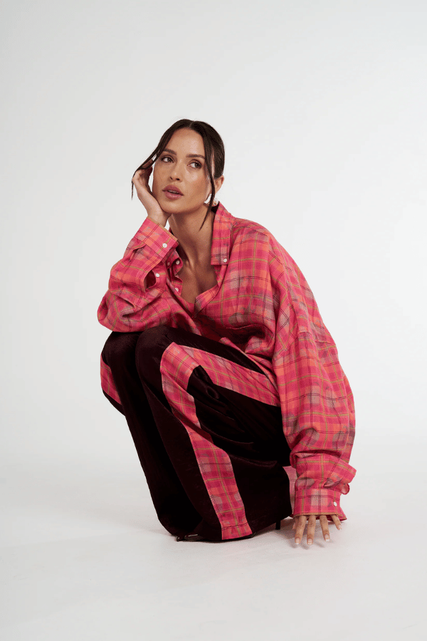 Boxer Pant Plum by Summi Summi, relaxed wide-leg pant with drawstring waistband and NEON PLAID side panels for a stylish, comfortable fit. Made from 100% acetate woven fabric.