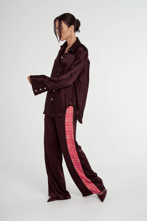 Cuff Shirt Plum by Summi Summi — Silky lightweight shirt with a structured collar and flared oversized cuffed sleeves. Crafted from 100% acetate woven fabric.