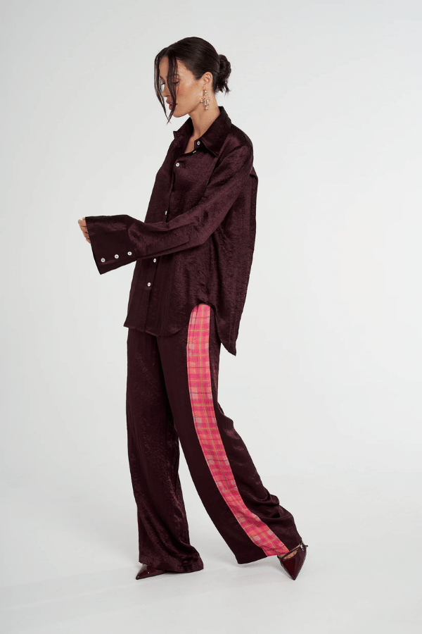 Cuff Shirt Plum by Summi Summi — Silky lightweight shirt with a structured collar and flared oversized cuffed sleeves. Crafted from 100% acetate woven fabric.