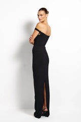 Alora Gown Black by Effie Kats - off shoulder black gown with clean drape, designed for a sleek elegant silhouette.