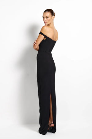 Alora Gown Black by Effie Kats - off shoulder black gown with clean drape, designed for a sleek elegant silhouette.