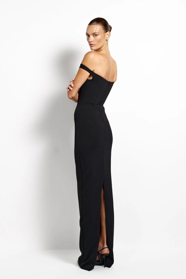 Alora Gown Black by Effie Kats - off shoulder black gown with clean drape, designed for a sleek elegant silhouette.