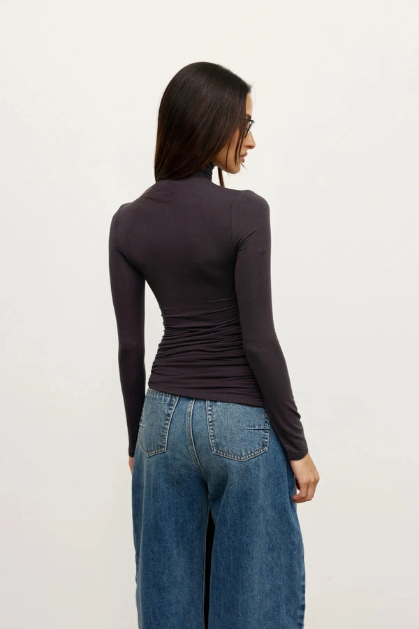 Isley Top Charcoal by Bayse, ruched fitted top with high neckline and sculptural tie waist detail