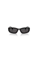 Miu Miu MU B04S Black Dark Grey – irregular acetate sunglasses with bold temples and vertical logo in Miu Miu’s signature playful style.

