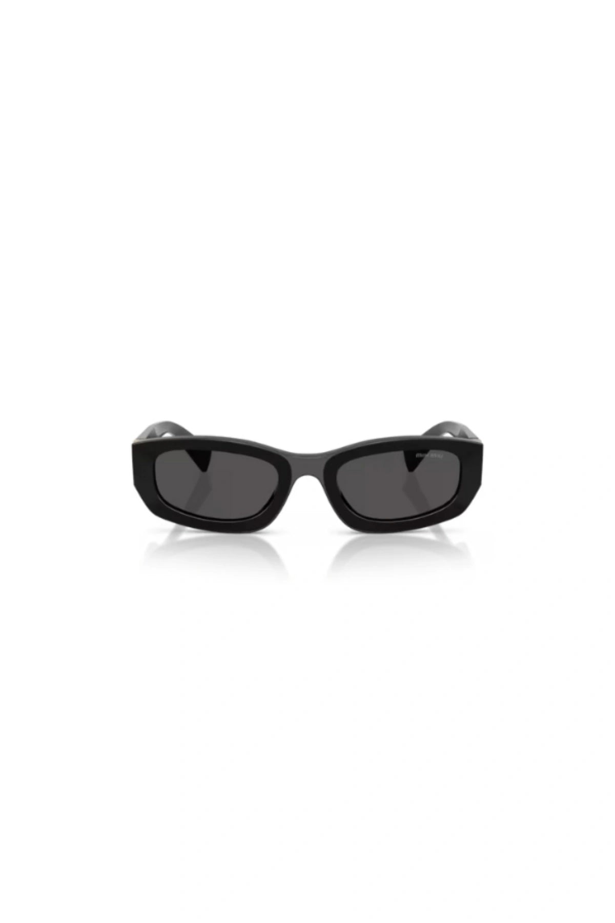Miu Miu MU B04S Black Dark Grey – irregular acetate sunglasses with bold temples and vertical logo in Miu Miu’s signature playful style.
