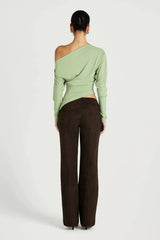 Enya Long Sleeve Top Pear by Benni, off shoulder jersey top with twist hem, perfect for elevated day to night styling