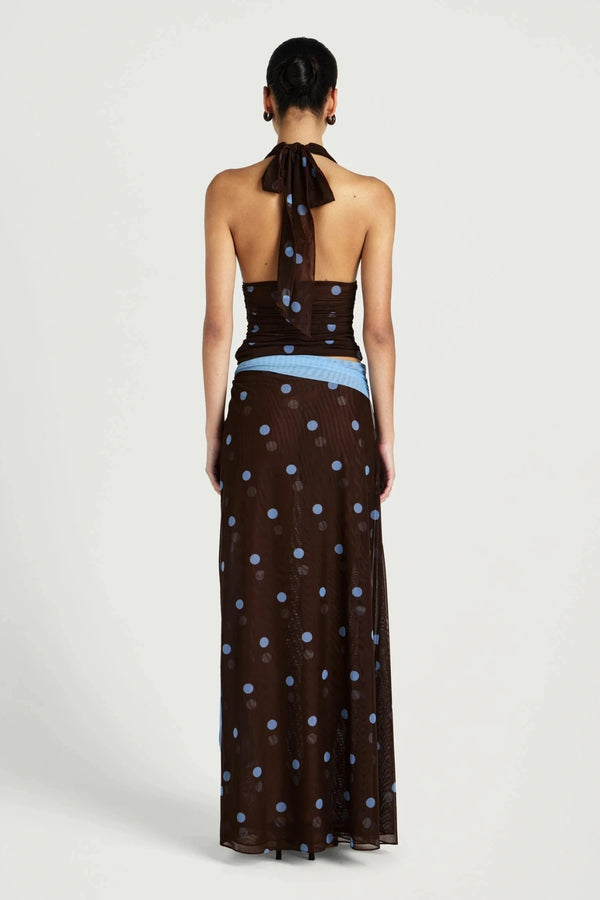 Tola Maxi Skirt Choc Blue Polka by Benni, sheer mesh maxi skirt, perfect for elevated evening or event styling