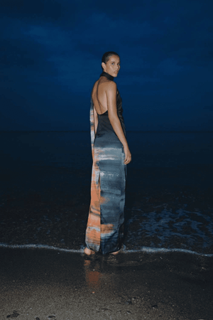 Ari Dress Tigre by Baobab – A bold, elegant one-shoulder maxi with ruched texture and scarf accent, perfect for making a trendy statement at evening events.