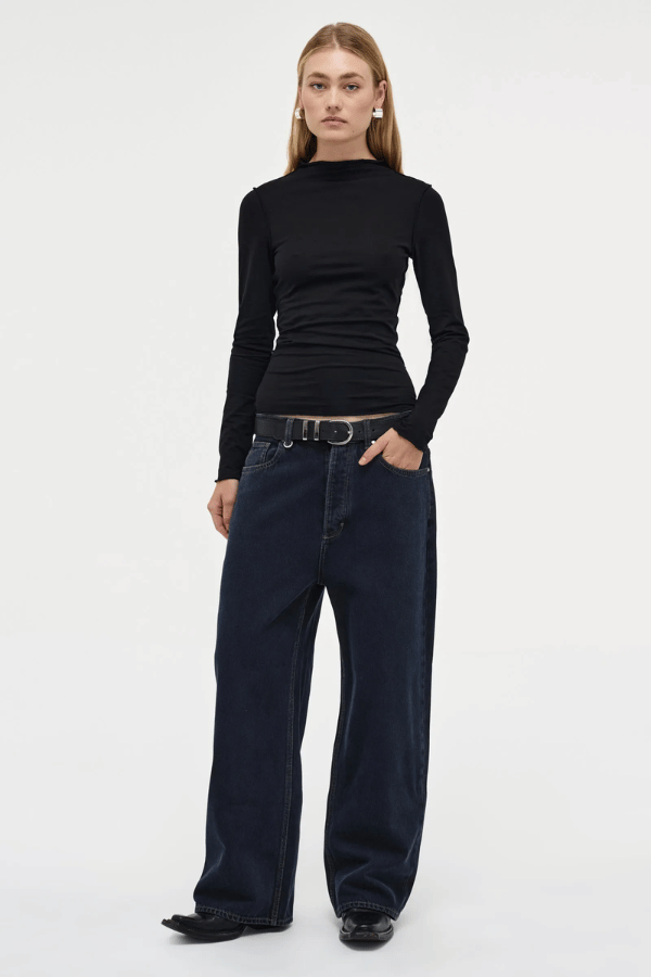 Yoko Baggy Send Off Mid Vintage Indigo by Neuw Denim, trendy oversized baggy jeans with a low-rise waist and ultra-relaxed fit. Perfect for a slouchy, lived-in look with styling versatility, crafted from rigid denim that molds to your shape over time.