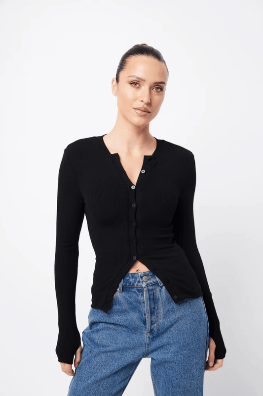 Lyon Cardigan Black by Mossman, soft double-layer ribbed jersey with round neckline and thumb holes, perfect for trendy viral layering and cozy day-to-night style.