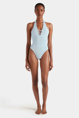 Adriana Beaded Swim Metallic Ice Blue by Hunza G, halter one piece with beads, perfect for beach or poolside styling