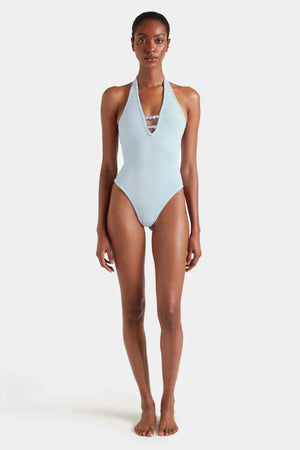 Adriana Beaded Swim Metallic Ice Blue by Hunza G, halter one piece with beads, perfect for beach or poolside styling