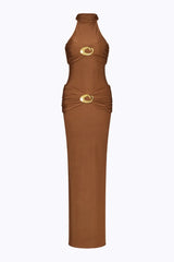 Hevea Halo Maxi Dress Pearl by Cin Cin – elegant column silhouette with ruched hip and bust panels, perfect for modern evening glamour.
