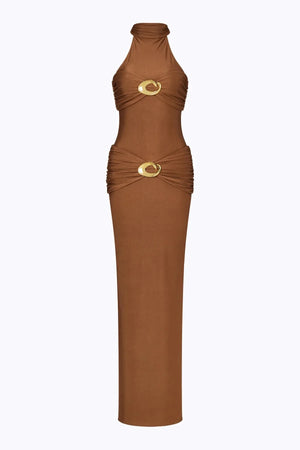 Hevea Halo Maxi Dress Pearl by Cin Cin – elegant column silhouette with ruched hip and bust panels, perfect for modern evening glamour.
