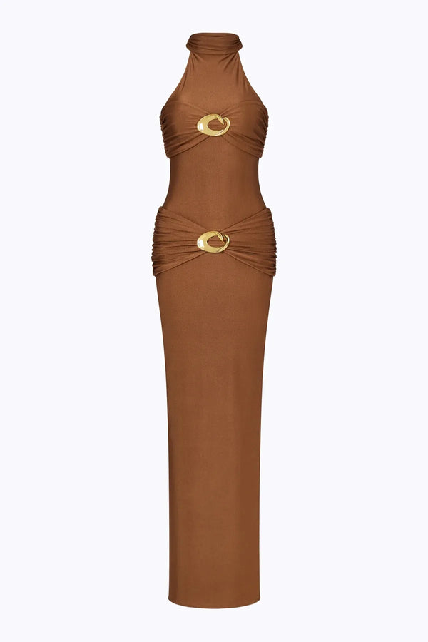 Hevea Halo Maxi Dress Pearl by Cin Cin – elegant column silhouette with ruched hip and bust panels, perfect for modern evening glamour.
