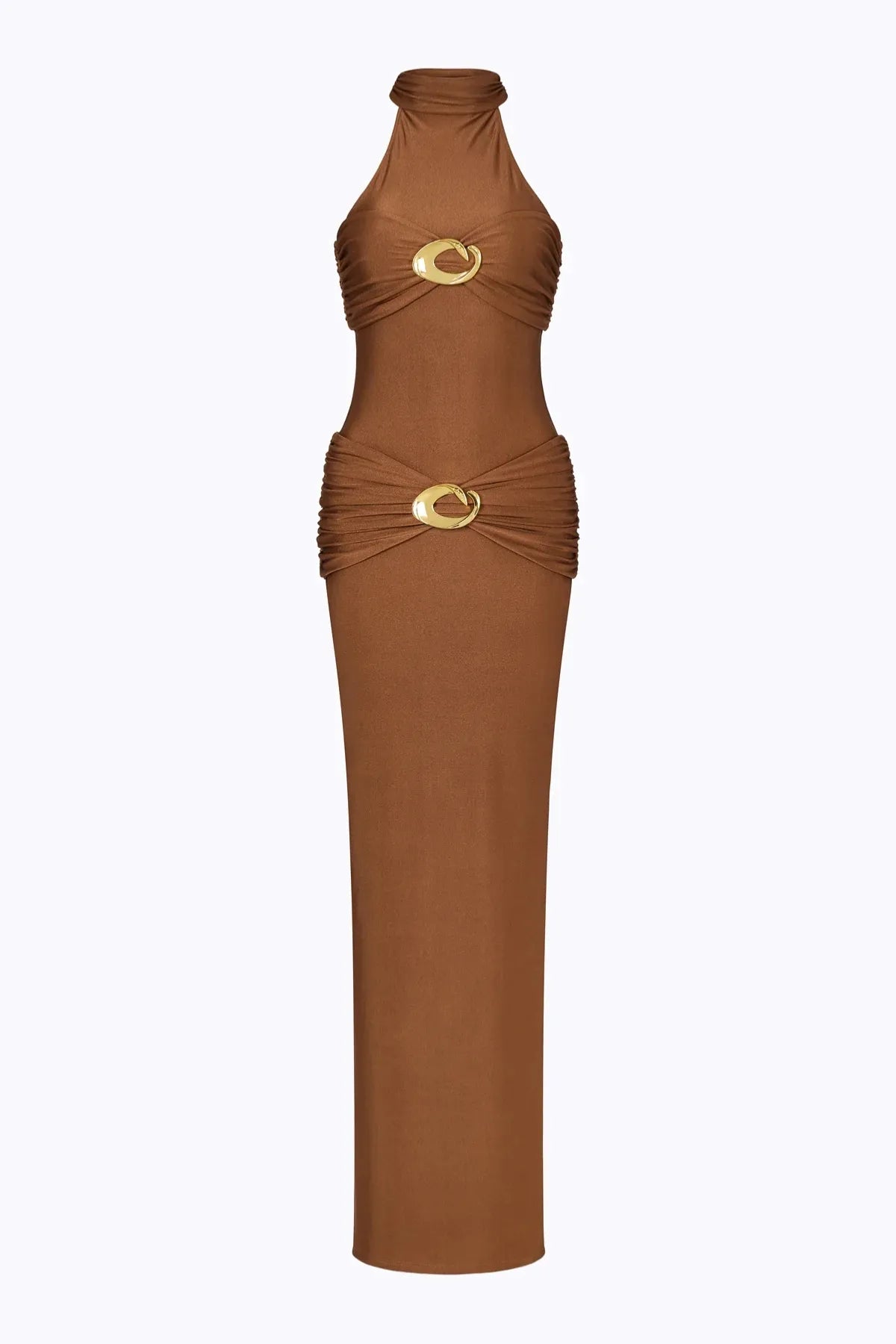 Hevea Halo Maxi Dress Pearl by Cin Cin – elegant column silhouette with ruched hip and bust panels, perfect for modern evening glamour.
