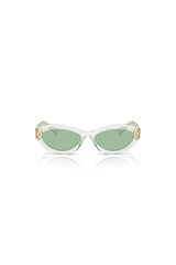 PR 26ZS Transparent Mint W/ Green by Prada, bold irregular acetate frames with green lenses and iconic logo, perfect for trendy, fashion-forward looks