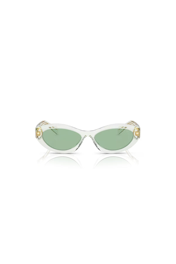 PR 26ZS Transparent Mint W/ Green by Prada, bold irregular acetate frames with green lenses and iconic logo, perfect for trendy, fashion-forward looks
