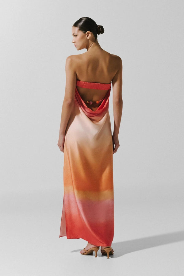 Lola Maxi Dress Atardecer de Colca by Baobab, strapless satin maxi dress with open back, perfect for resort or evening styling