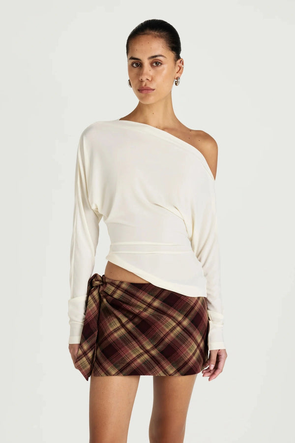 Enya Long Sleeve Top by Benni, off shoulder jersey top with twist hem, perfect for elevated day to night styling
