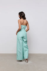 Cotton Mix Pinstripe Jumpsuit Green Pinstripe