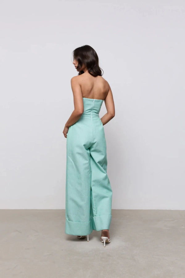 Cotton Mix Pinstripe Jumpsuit Green Pinstripe