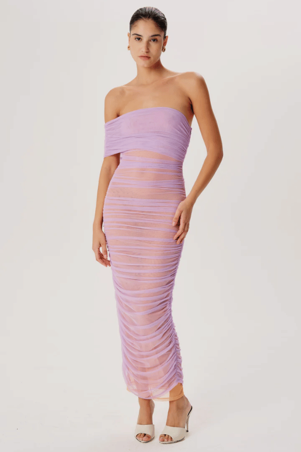 Lucia Dress Lavender Sherbert by Ronny Kobo – A strapless mesh dress with a figure-hugging fit and semi-sheer finish for sultry sophistication.