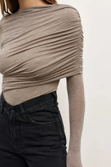 Ariya Bodysuit Grey Marle by Bayse, long sleeve bodysuit with asymmetric draping and sculpted fit.