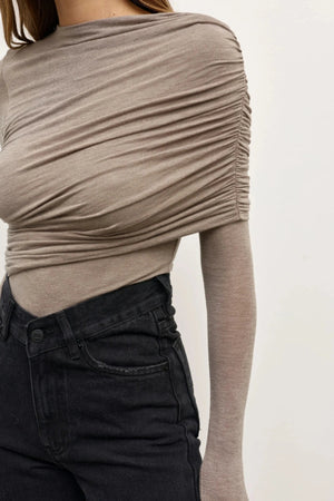 Ariya Bodysuit Grey Marle by Bayse, long sleeve bodysuit with asymmetric draping and sculpted fit.