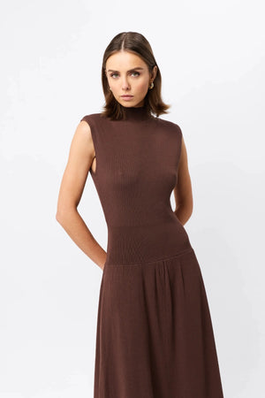 Quiet Force Midi Dress by Mossman in cacao, ribbed knit with turtleneck and flared skirt for sleek, sculpted day-to-night dressing.