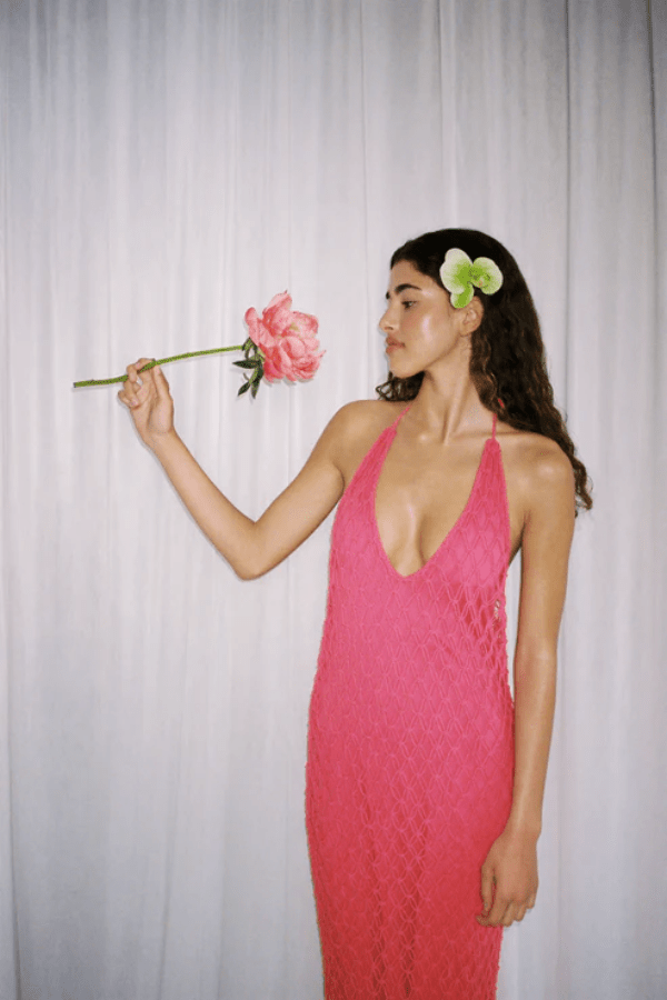 Reis Macrame Maxi Dress Candy by The Wolf Gang – Handmade cotton macrame with bold beaded hem, perfect for festivals and beachside glamour.