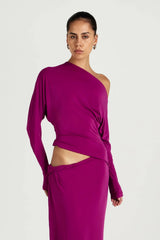 Fuchsia Maxi Dress by Benni, off shoulder jersey gown with twist waist, perfect for events or evening styling