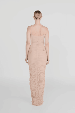 Veranera Pétalo by Maygel Coronel – A bold, romantic ruched mesh dress with floral appliqués and asymmetric cut-outs, perfect for trendy sunset soirées and elegant evening occasions.