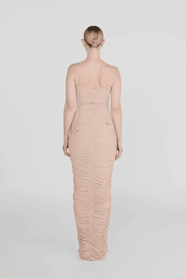 Veranera Pétalo by Maygel Coronel – A bold, romantic ruched mesh dress with floral appliqués and asymmetric cut-outs, perfect for trendy sunset soirées and elegant evening occasions.