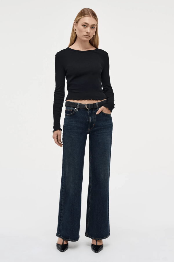 Eva Wide Memphis by Summi Summi, trendy mid-rise pants with a flattering A-line, wide-leg fit. Perfect for effortless movement and elongating the frame with signature repair stitch and fob ring detailing.