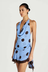 Harlow Halter Dress Blue Choc Polka by Benni, cowl neck maxi dress, perfect for events or summer evening styling