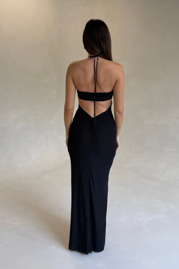 Delila Spiral Maxi Dress Black by Bec + Bridge – halter maxi dress with sculptural spiral bust detail and sleek silhouette.