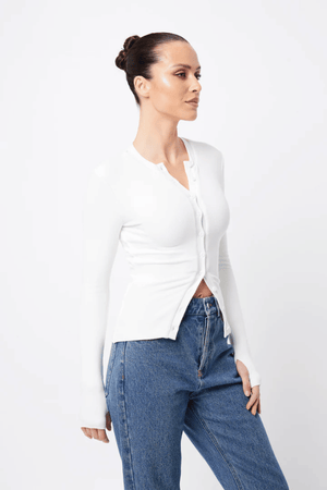 Lyon Cardigan White by Mossman, soft double-layer ribbed jersey with round neckline and thumb holes, perfect for trendy viral layering and cozy day-to-night style.