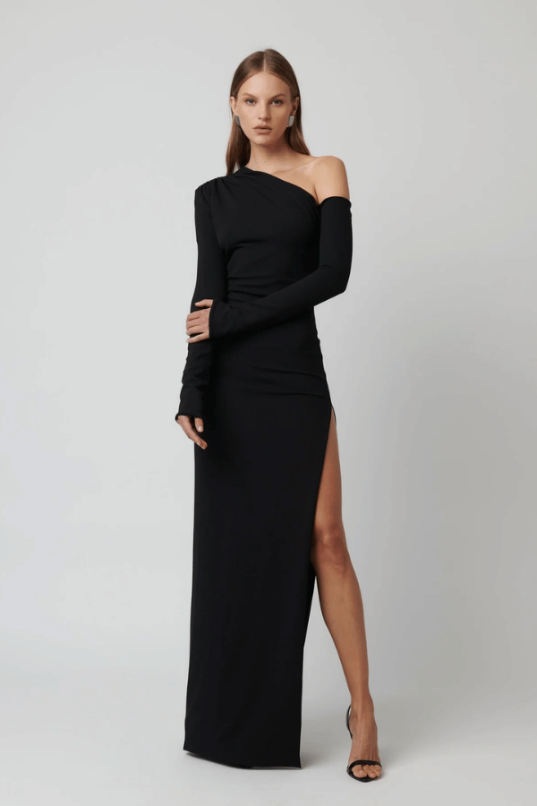 Effie Kats Cayley Gown, an off-shoulder stretch crepe gown with a sleek silhouette and side split for timeless evening elegance.