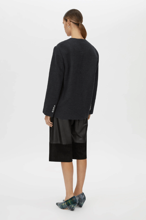 Rinaldi Jacket French Navy by Camilla and Marc – collarless tweed jacket with metal buttons and side pockets for timeless, tailored elegance.