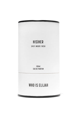 His|Her by Who Is Elijah, a unisex scent blending bergamot, violet leaf, fir needle, sandalwood, musk, amber, and oudh.