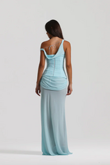 Cadence Dress Baby Blue by Natalie Rolt – Romantic off-shoulder silhouette with a removable corset and draped georgette skirt for fluid elegance.