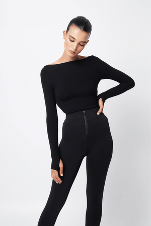 Camden Top Black by Mossman, soft double-layered ribbed jersey with boat neckline and thumb sleeves, perfect for trendy layering and chic day-to-night wear.