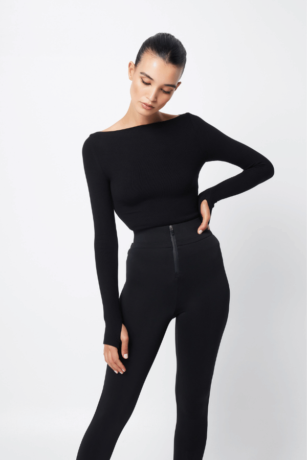 Camden Top Black by Mossman, soft double-layered ribbed jersey with boat neckline and thumb sleeves, perfect for trendy layering and chic day-to-night wear.