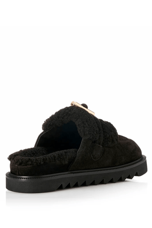 Cedar Black Suede/Shearling by Alias Mae, black suede slides with gold accents and plush shearling for cozy, elevated everyday wear.